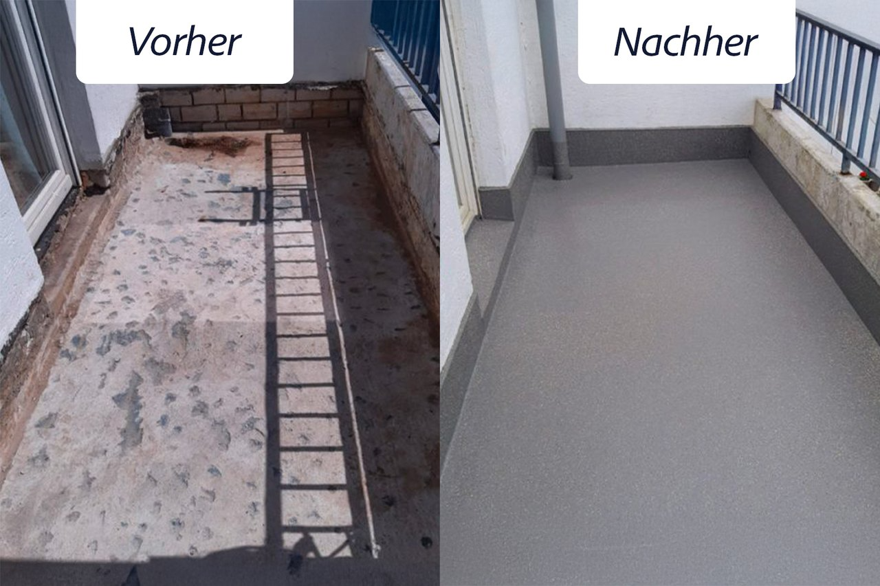 Vorher-Nachher-Vergleich einer Balkonsanierung: aufgerissener Untergrund vor der Sanierung und fertig beschichteter, grauer Balkonboden danach